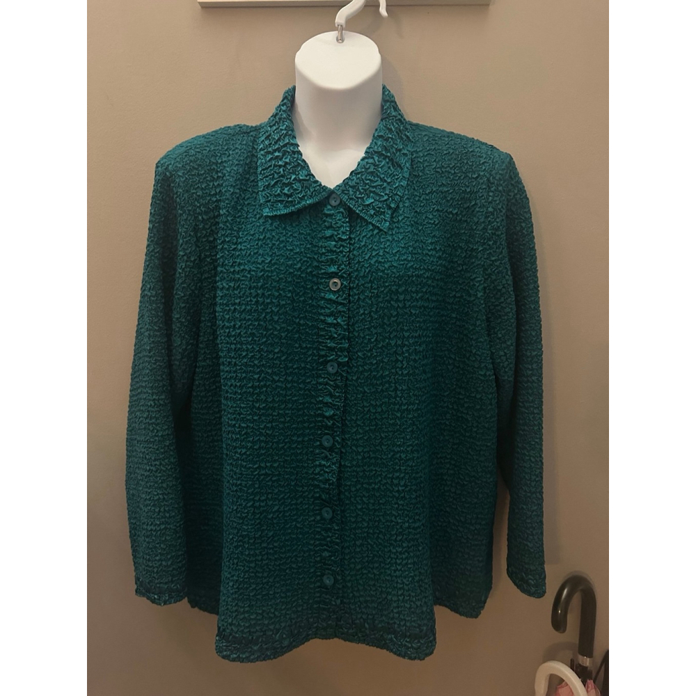 Susan Graver Style Blouse Womens 1X Green Crinkled Button Front Long Sleeve